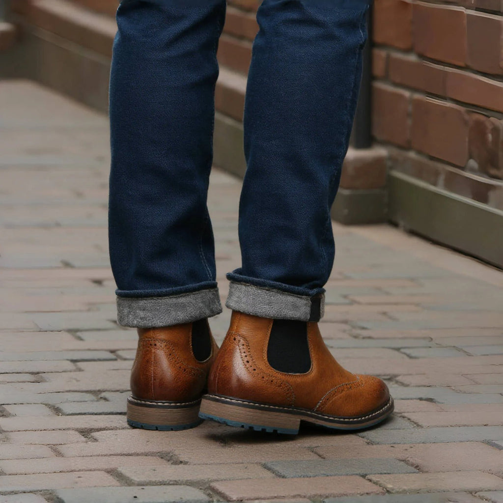 Burnished Leather Brogue Boots with Wingtip Brogue Detail