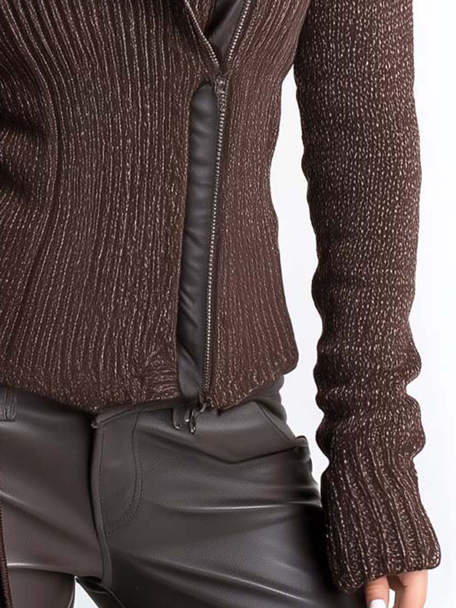 Modern Brown Asymmetrical Zip Ribbed Knit Jacket