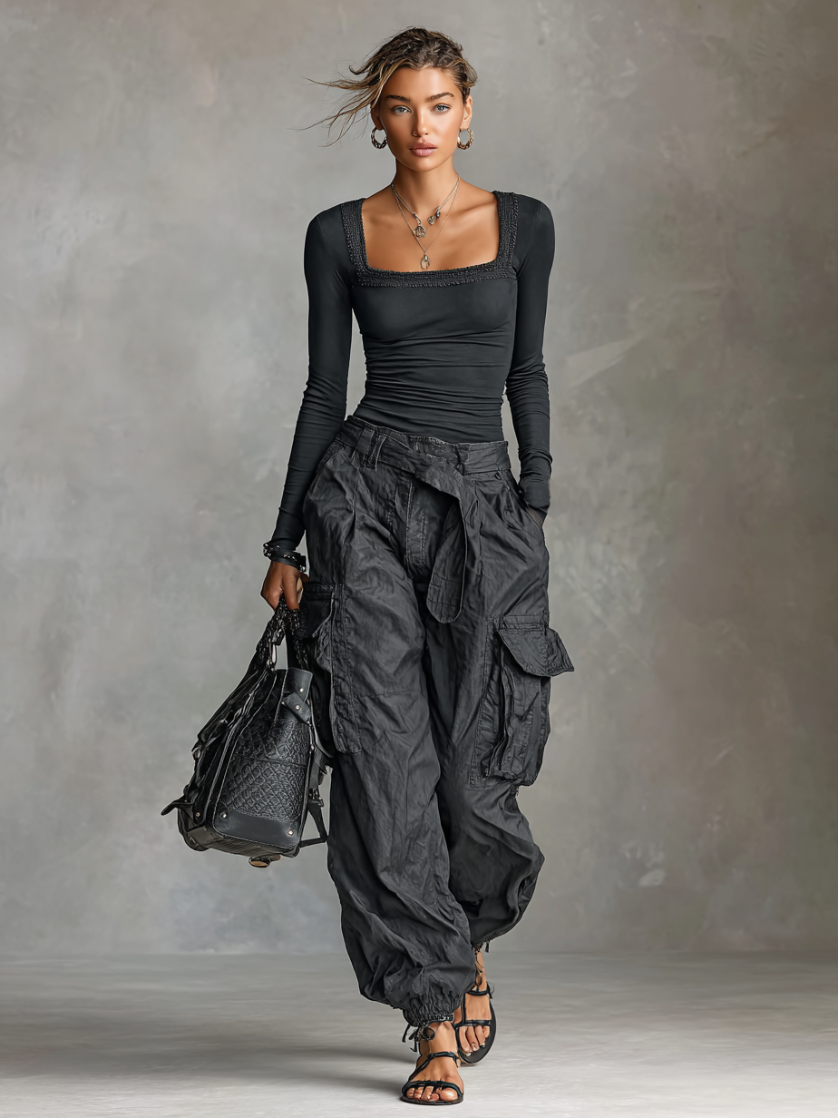 Women's Square Neck Long Sleeve T-Shirt Multi-Pocket Cargo Trousers Two-Piece Set