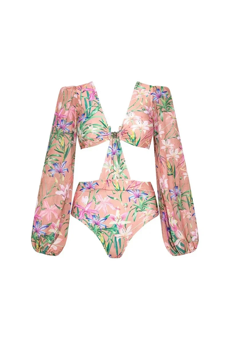 Mesh Patchwork Patterned Long Sleeve Swimsuit