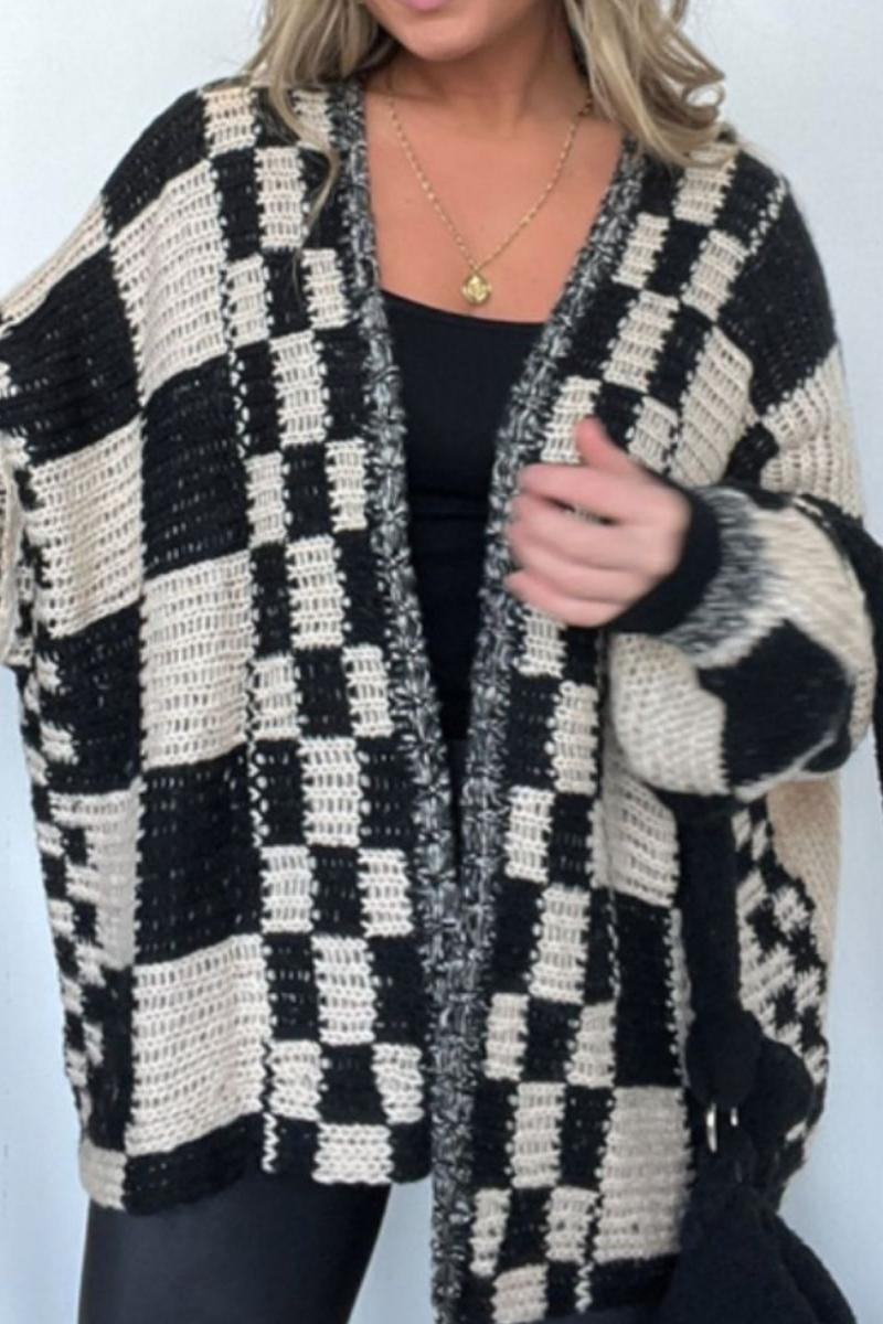 Plaid Open Front Long Sleeve Knit Cardigan