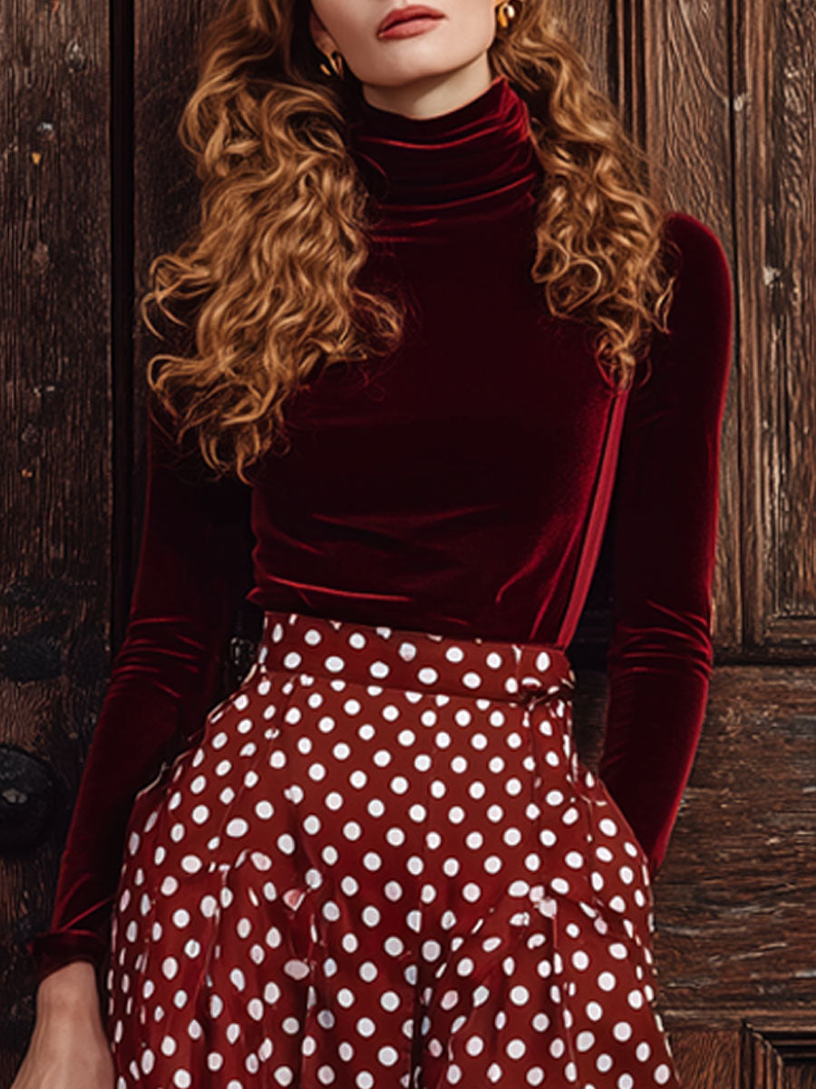 Retro Burgundy Velvet Turtleneck Long-Sleeved T-Shirt Polka Dot Pocket Skirt Set