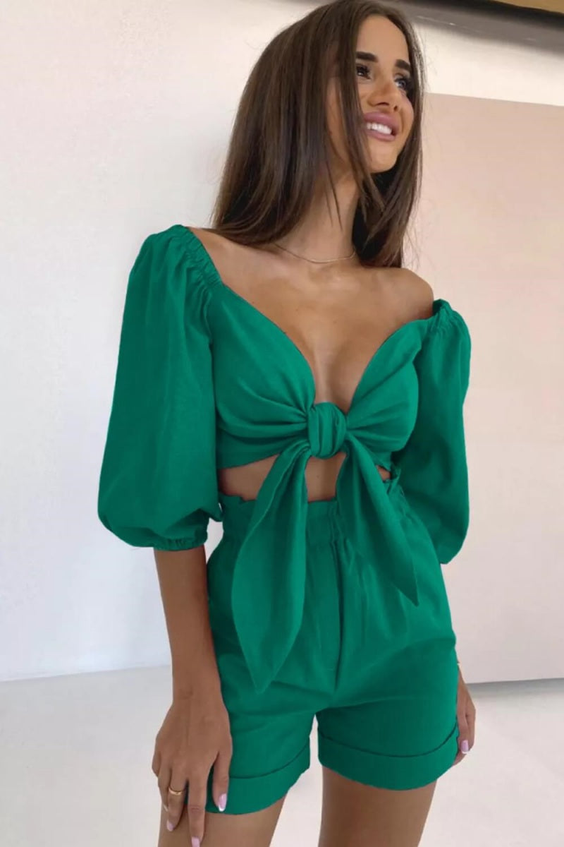 Modern Linen Wrap Front Tie Puff Sleeve Shorts Sets In Green