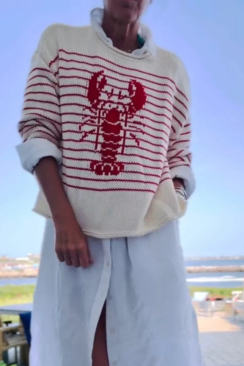 Cream & Red Striped Lobster Graphic Knit Sweater