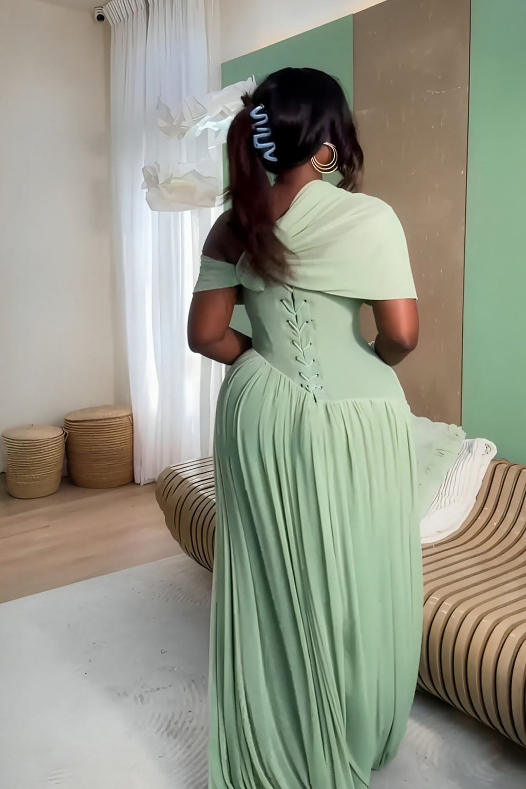 Mint Green Pleated Maxi-Length Dress