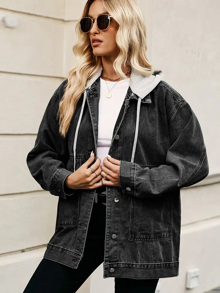 Oversized Denim Jacket with Button Closure and Pockets