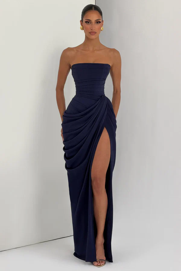Corset Style Draped Navy Maxi-Length Dress