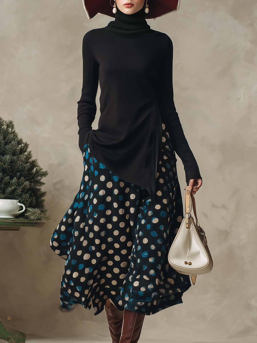 Refined Black High-neck Side-slit Knitted Top And Dark Blue Satin Polka Dot Patterned Skirt Set