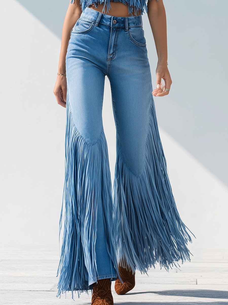 Modern Trendy Retro Tassel Flared Jeans