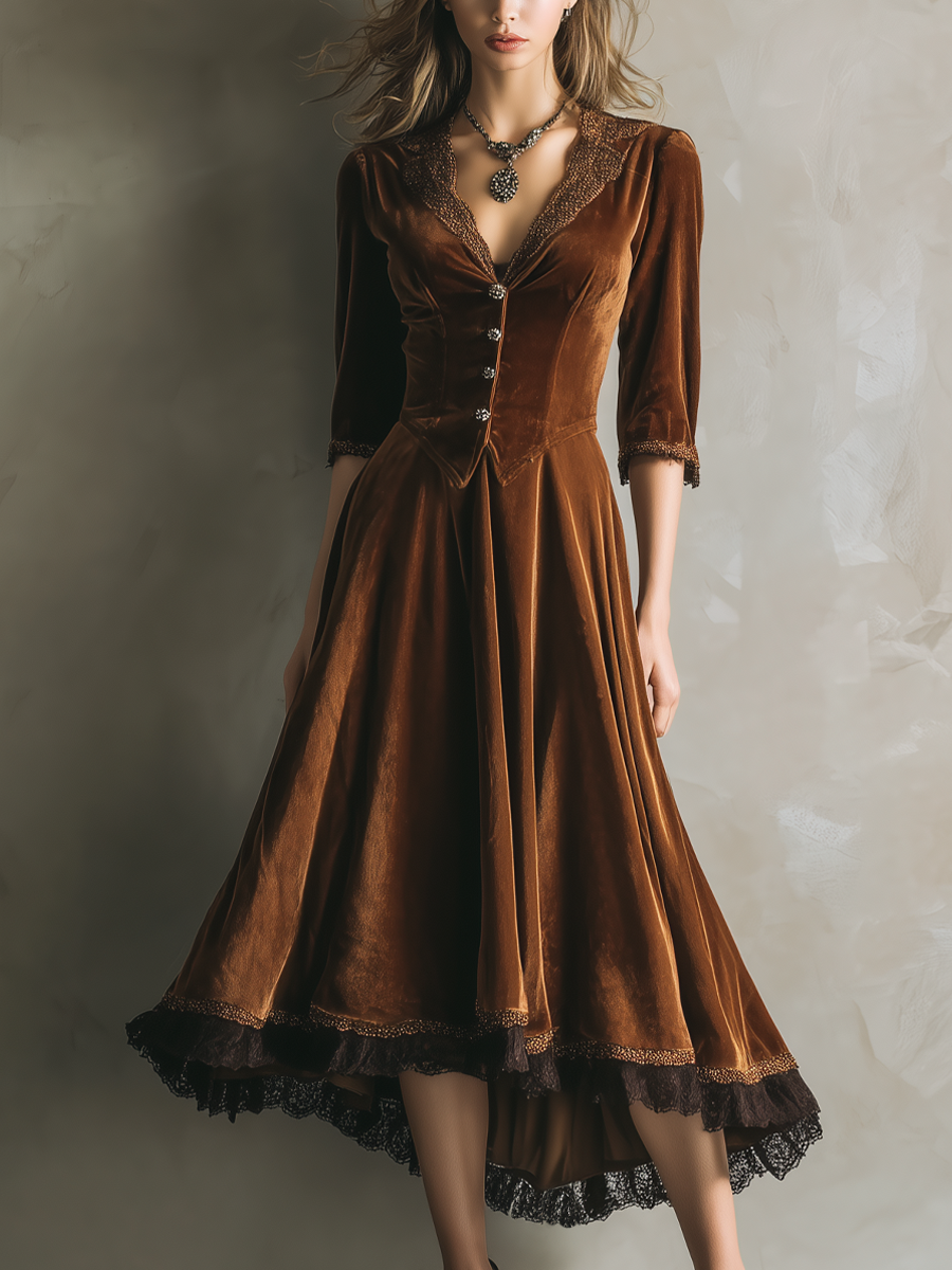 Retro Three-Quarter Sleeves Lace Velvet Midi-Length Dress