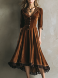 Retro Three-Quarter Sleeves Lace Velvet Midi-Length Dress