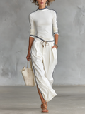 Women's Sports Half-high-neck Long-sleeved T-shirt Drawstring Wide-Leg Trousers Two-Piece Set