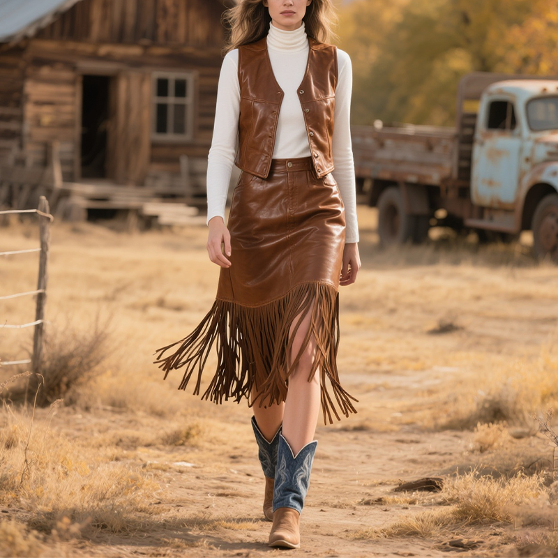 Women's Country Boho Leather Fringe Skirt
