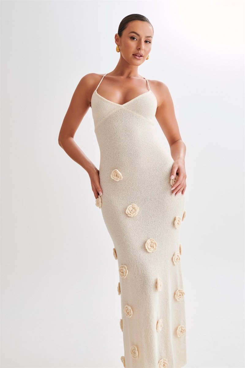 Edwina V-Neck Knitted Flower Maxi-Length Dress