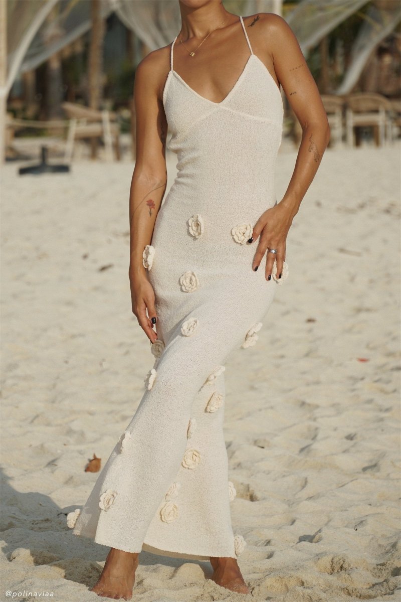 Edwina V-Neck Knitted Flower Maxi-Length Dress