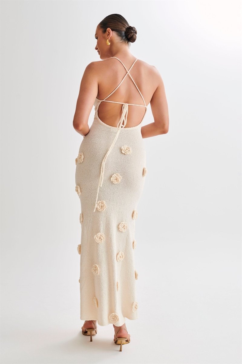 Edwina V-Neck Knitted Flower Maxi-Length Dress