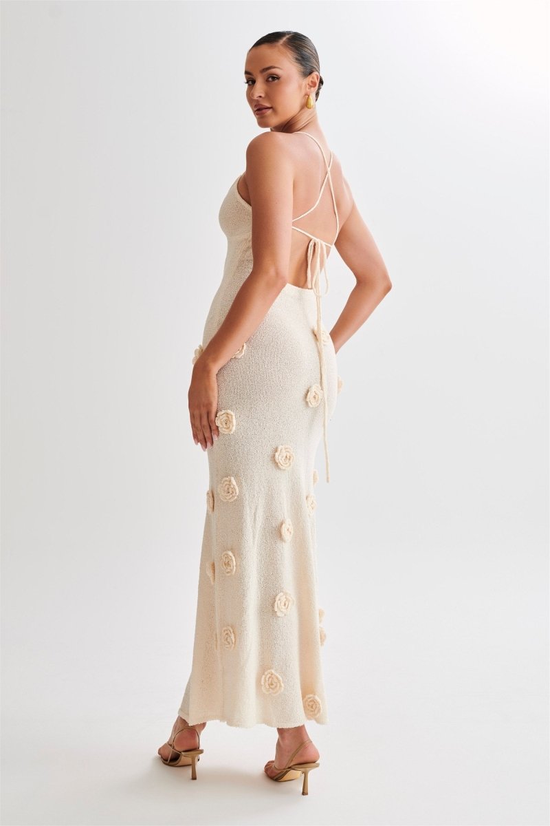 Edwina V-Neck Knitted Flower Maxi-Length Dress