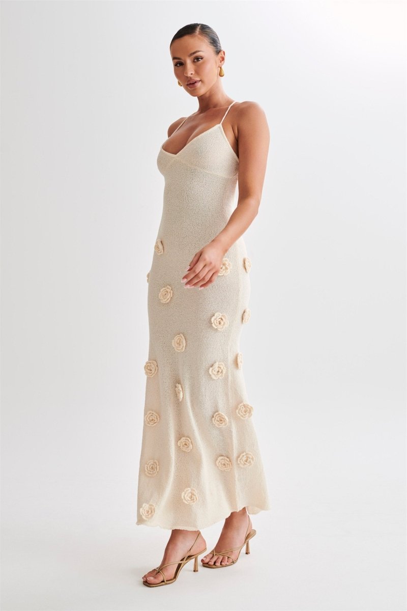 Edwina V-Neck Knitted Flower Maxi-Length Dress