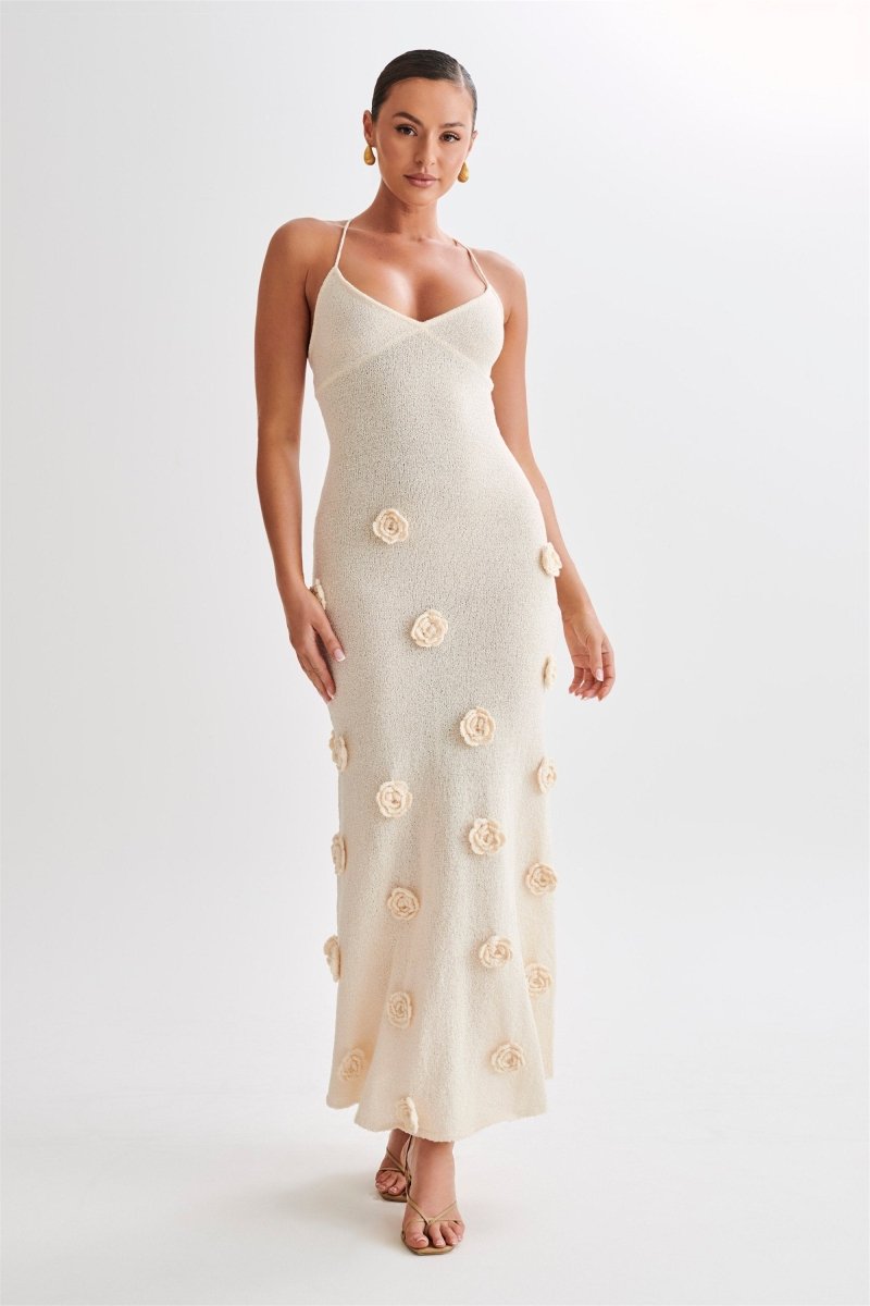 Edwina V-Neck Knitted Flower Maxi-Length Dress