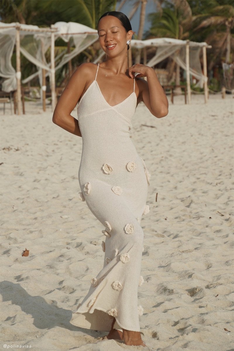 Edwina V-Neck Knitted Flower Maxi-Length Dress