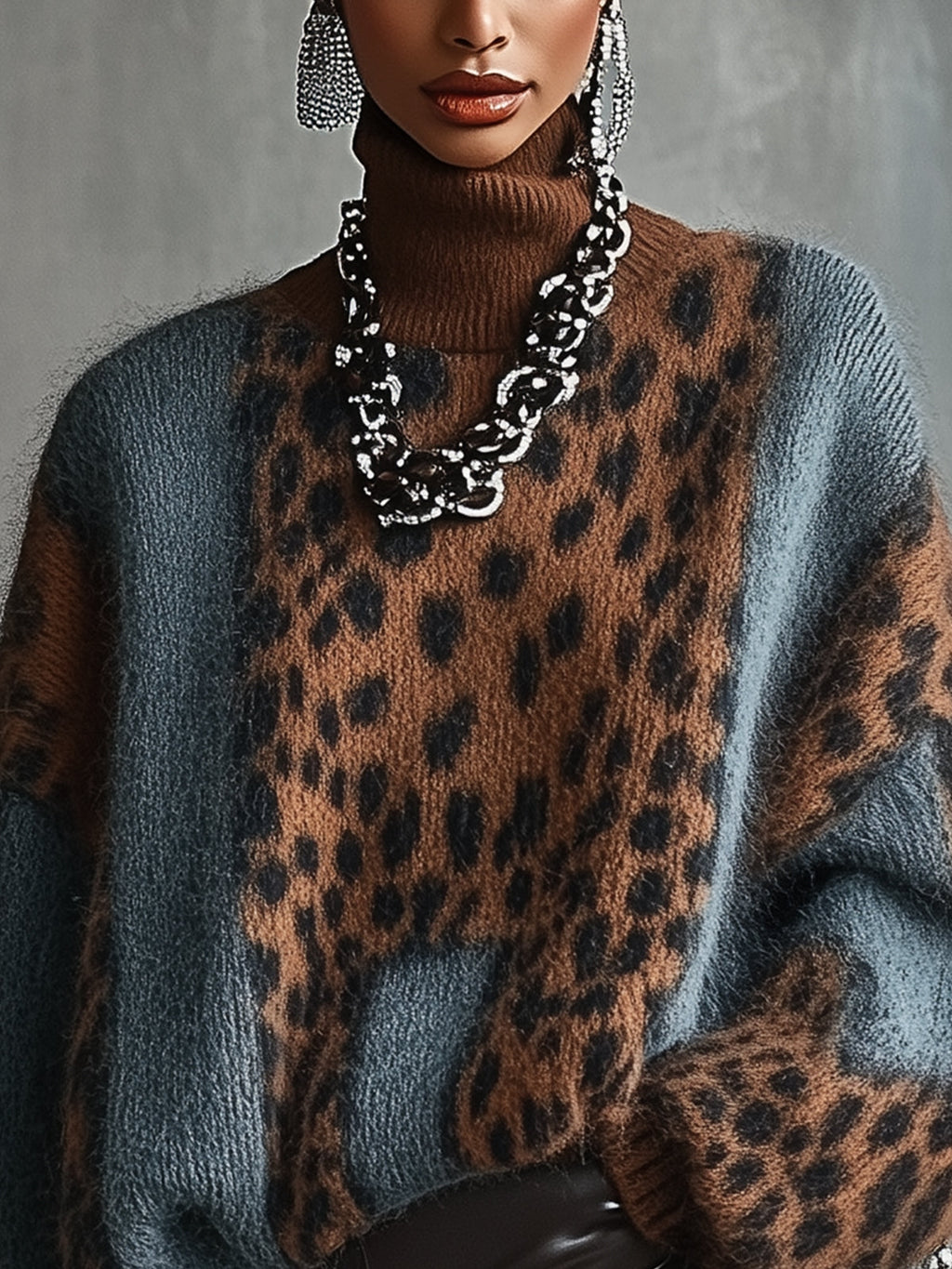 Leopard Print Turtleneck Knit Sweater