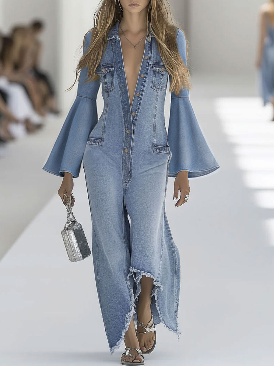 Relaxed Retro Light Blue Denim Flared Long-Sleeved Wide-Leg Raw Edge Jumpsuit