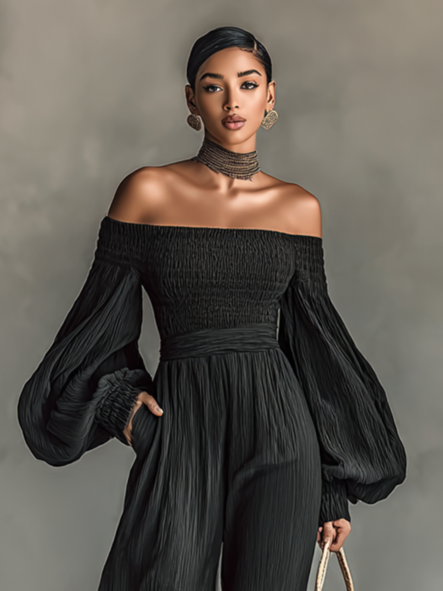 Modern Women's Off-the-shoulder Long-sleeved Pleated Fabric Jumpsuit
