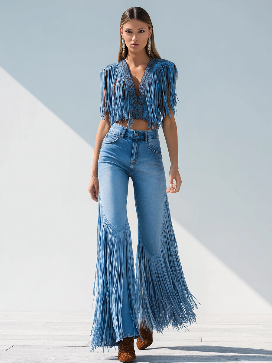 Modern Trendy Retro Tassel Flared Jeans