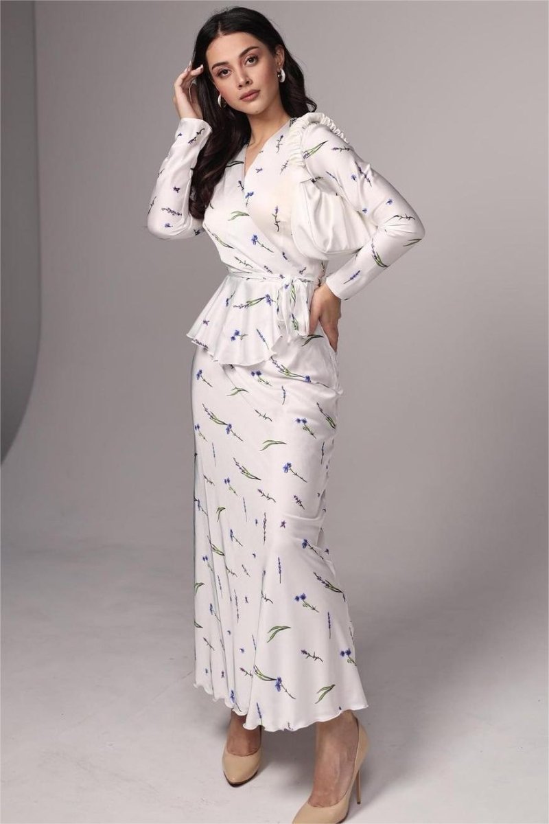 Eileen Flower Wrap Lace-Up Blouse & Maxi Skirt Set