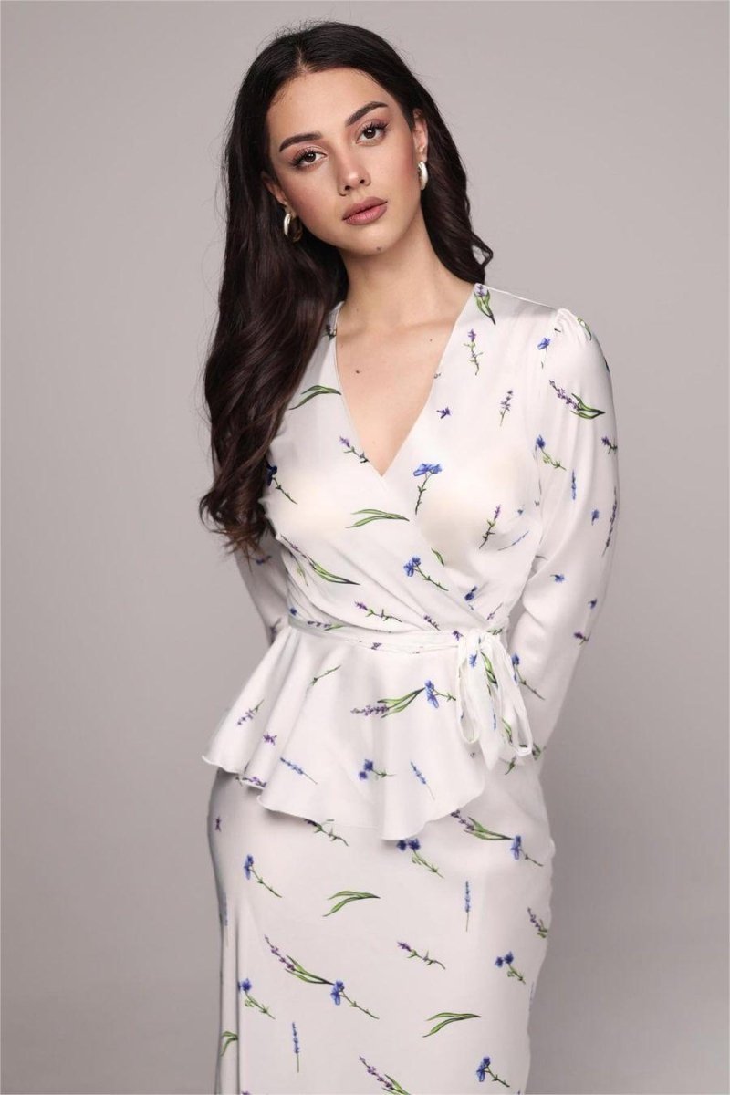 Eileen Flower Wrap Lace-Up Blouse & Maxi Skirt Set