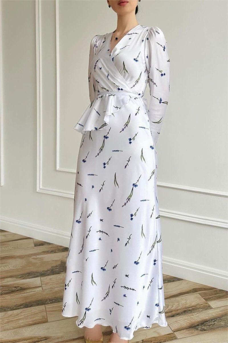 Eileen Flower Wrap Lace-Up Blouse & Maxi Skirt Set