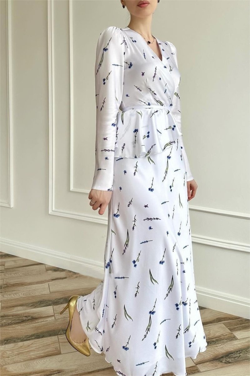 Eileen Flower Wrap Lace-Up Blouse & Maxi Skirt Set