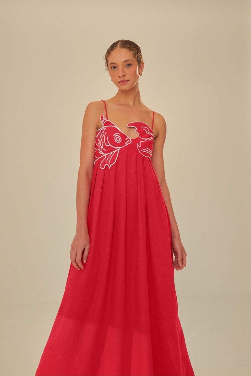 Modern Eileen Goldfish Embroidered Maxi Slip Dress