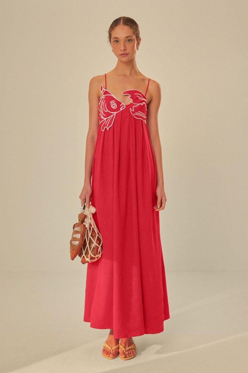 Modern Eileen Goldfish Embroidered Maxi Slip Dress
