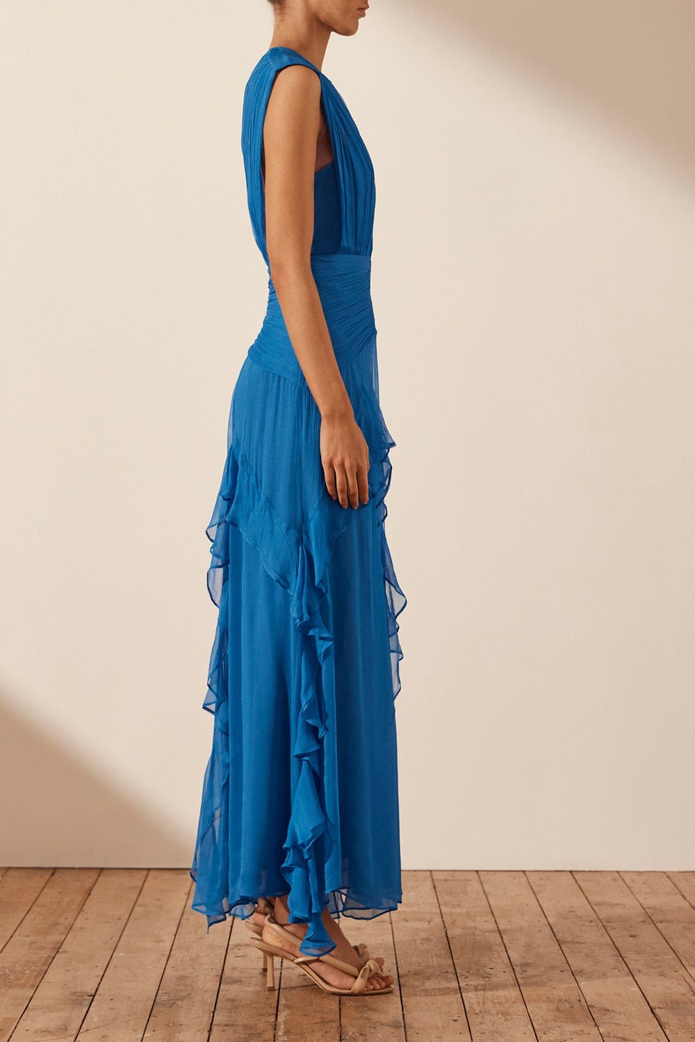 Eileen Pleated Crew Neck Ruffled Maxi-Length Dress