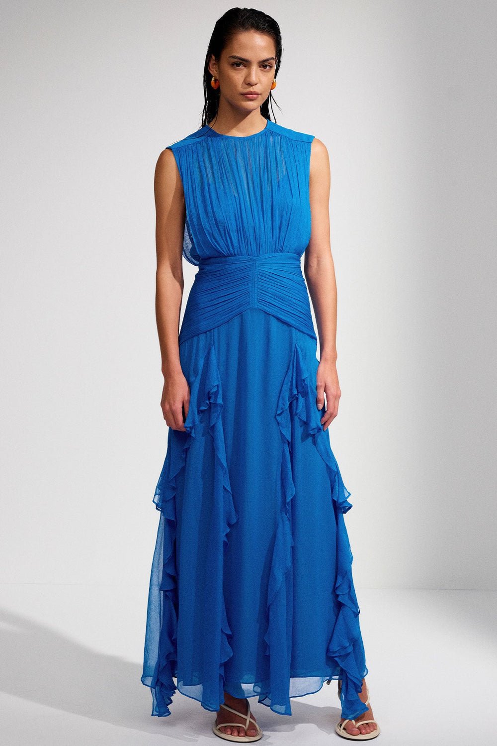 Eileen Pleated Crew Neck Ruffled Maxi-Length Dress