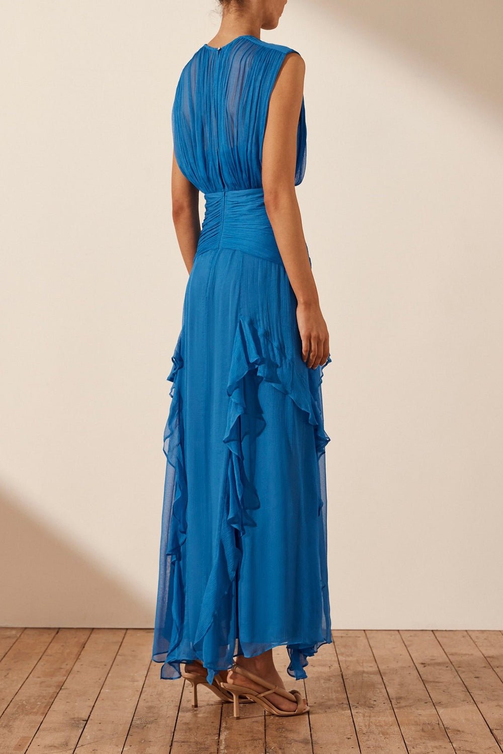 Eileen Pleated Crew Neck Ruffled Maxi-Length Dress