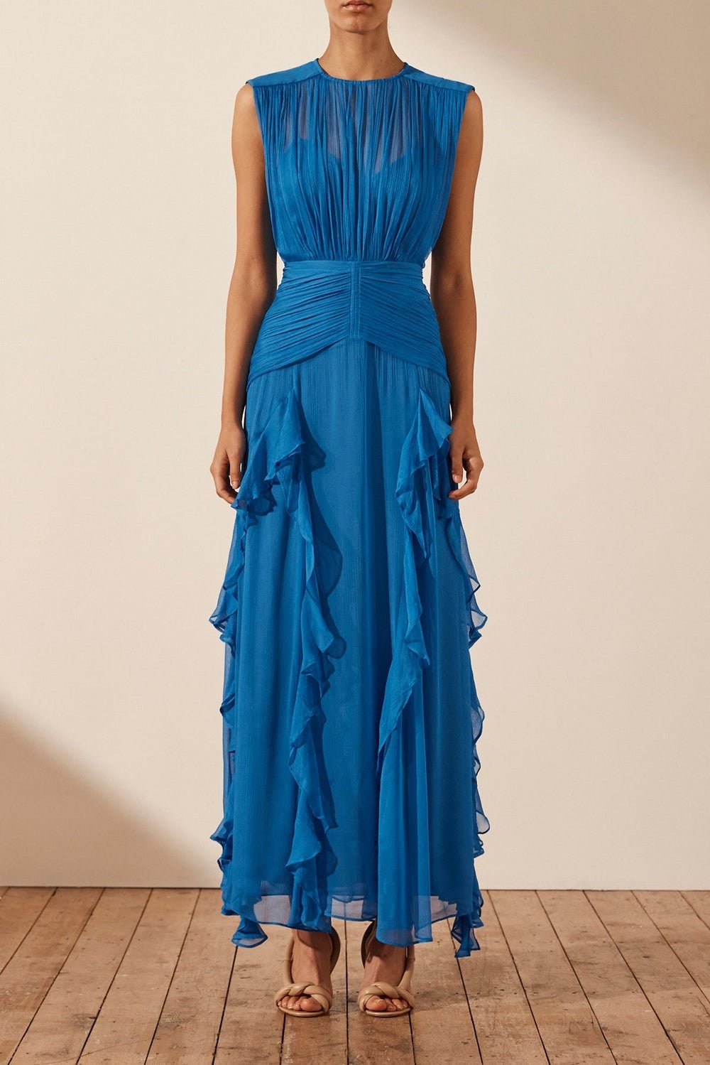 Eileen Pleated Crew Neck Ruffled Maxi-Length Dress