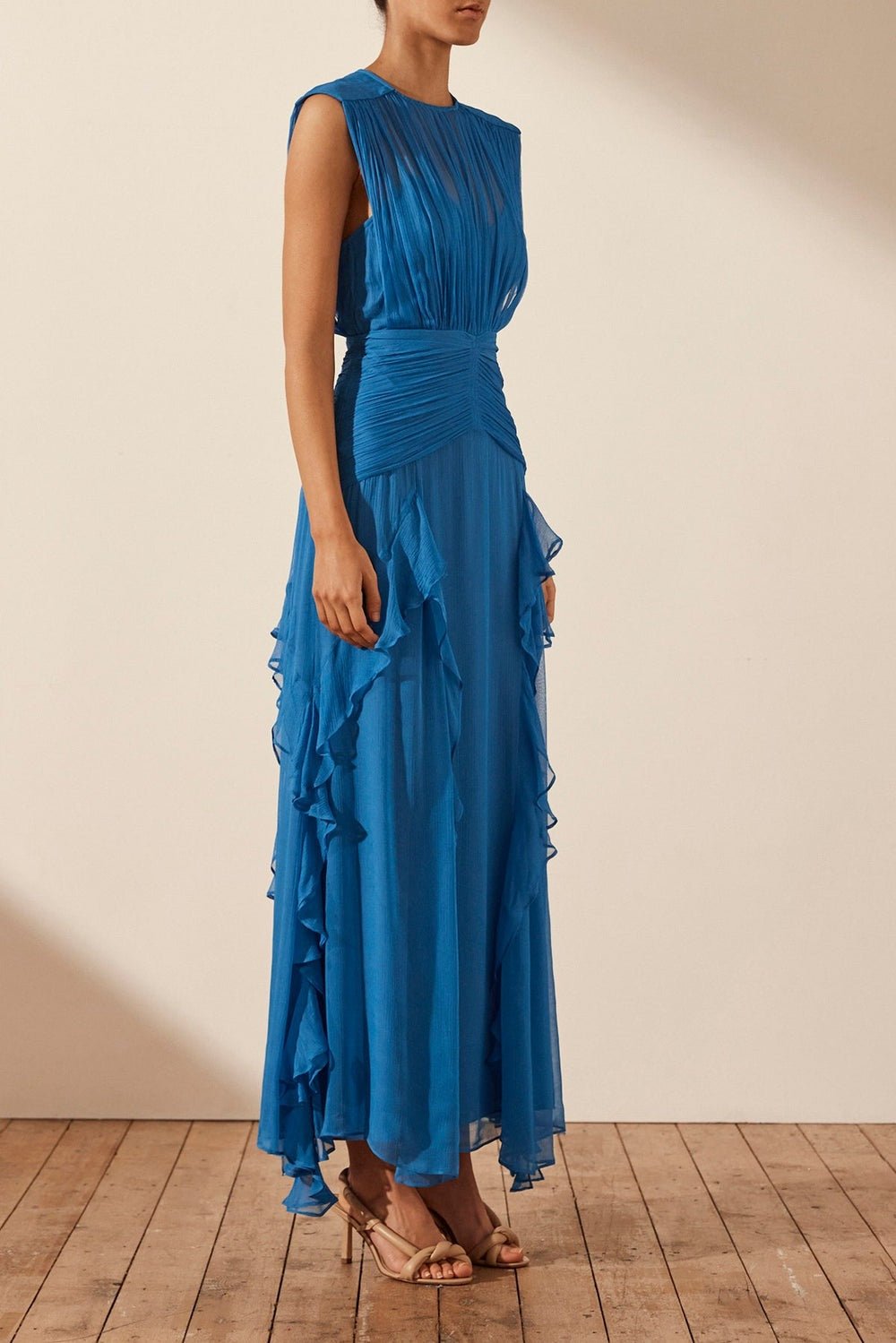 Eileen Pleated Crew Neck Ruffled Maxi-Length Dress