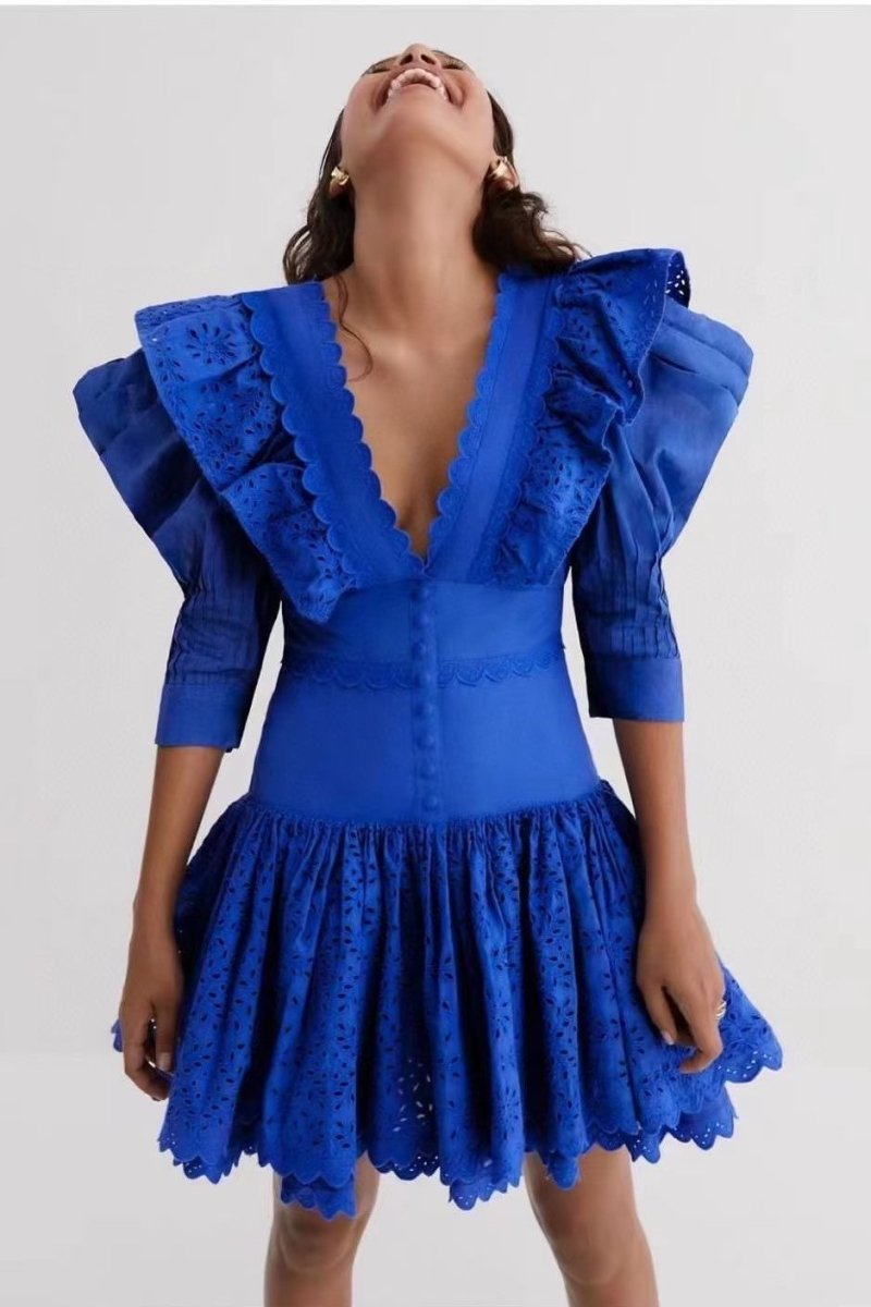 Elma Embroidered Ruffled Mini-Length Dress