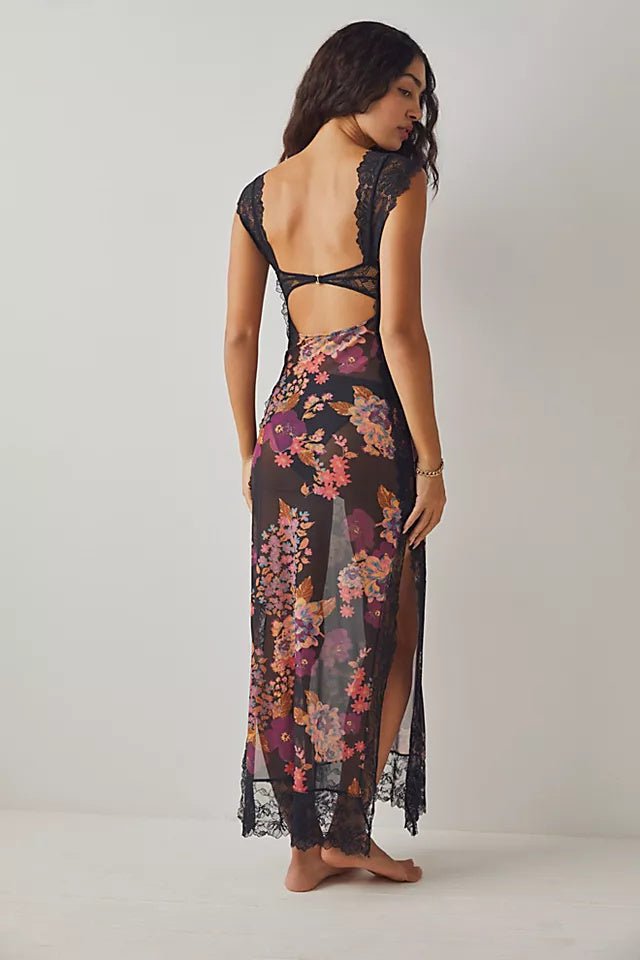 Elma Flower Patterned Cut-out Mesh Maxi Slip Dress