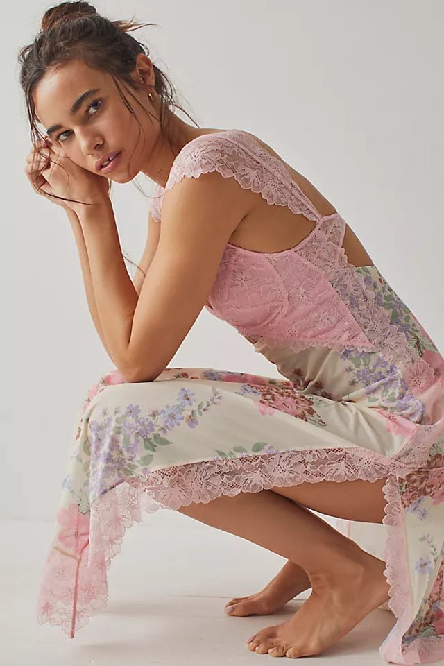 Elma Flower Patterned Cut-out Mesh Maxi Slip Dress