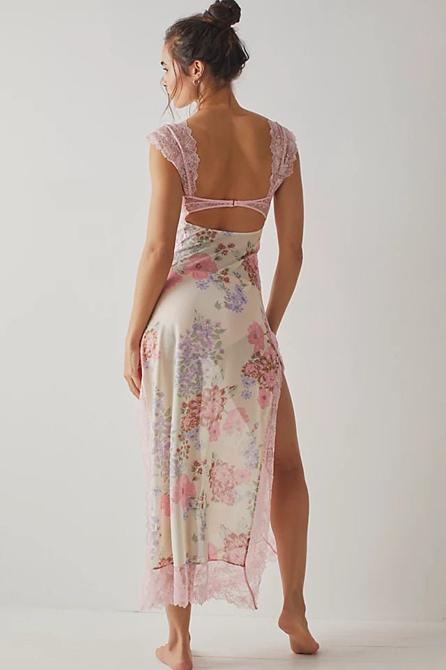 Elma Flower Patterned Cut-out Mesh Maxi Slip Dress