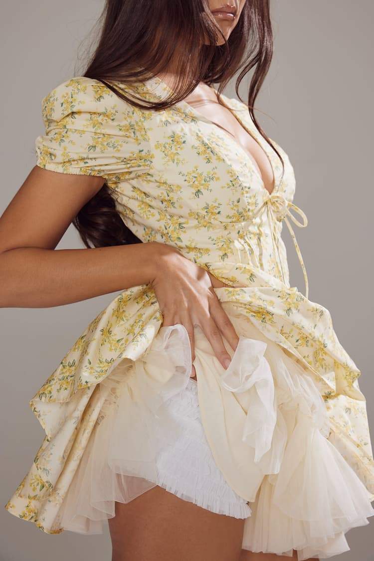 Emily Flower V-Neck Corset Mini-Length Dress