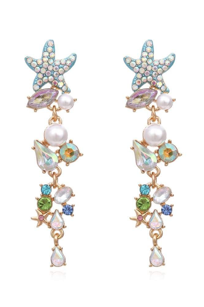 Statement Enamel Crystal Pearl Starfish Drop Earrings