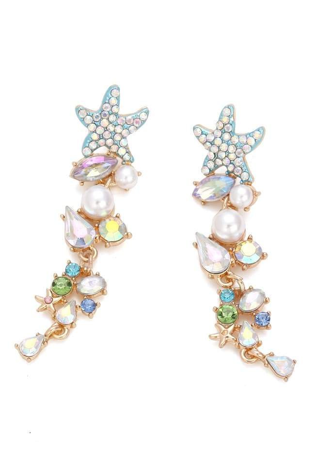 Statement Enamel Crystal Pearl Starfish Drop Earrings