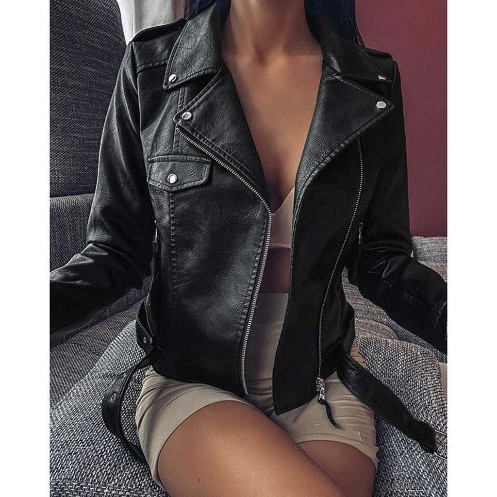 Black Leather Jacket with Zipper and Lapel Details