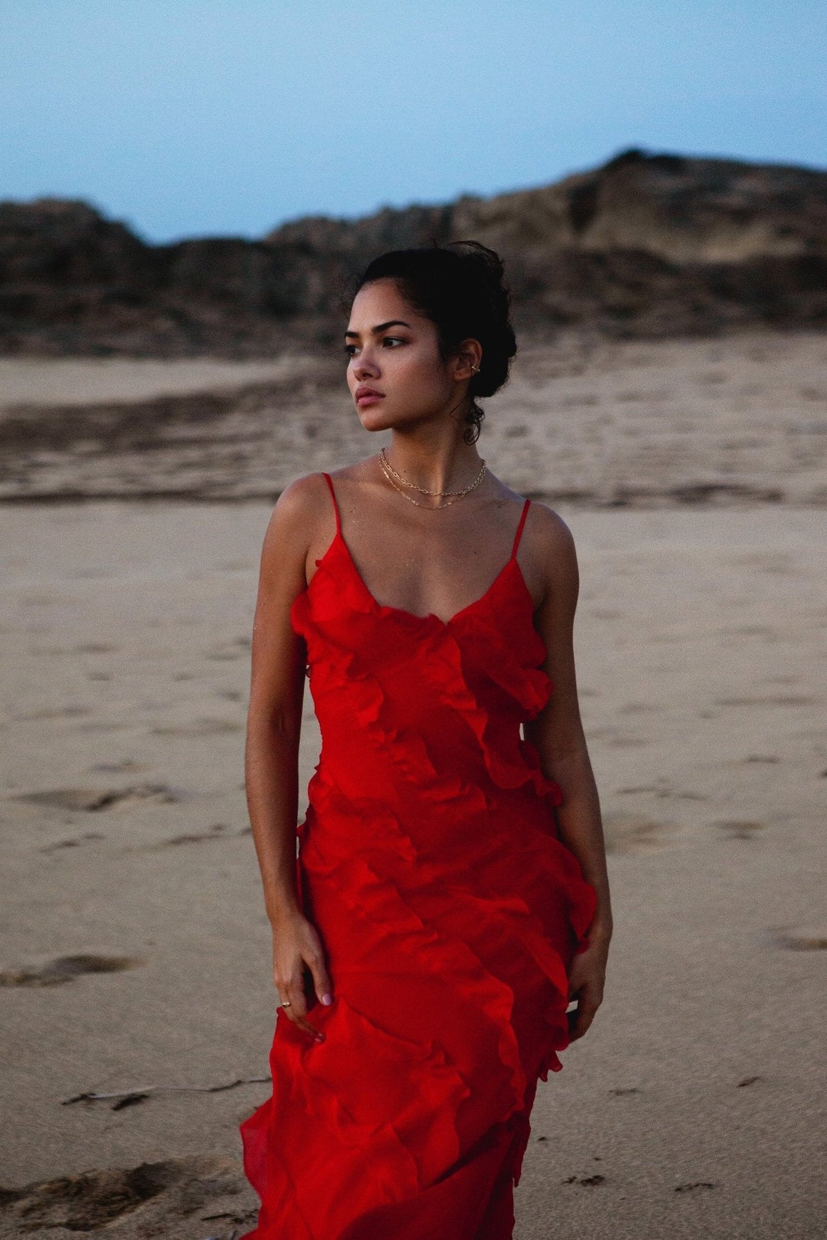 Modern Eve Chiffon Ruffled Maxi Slip Dress