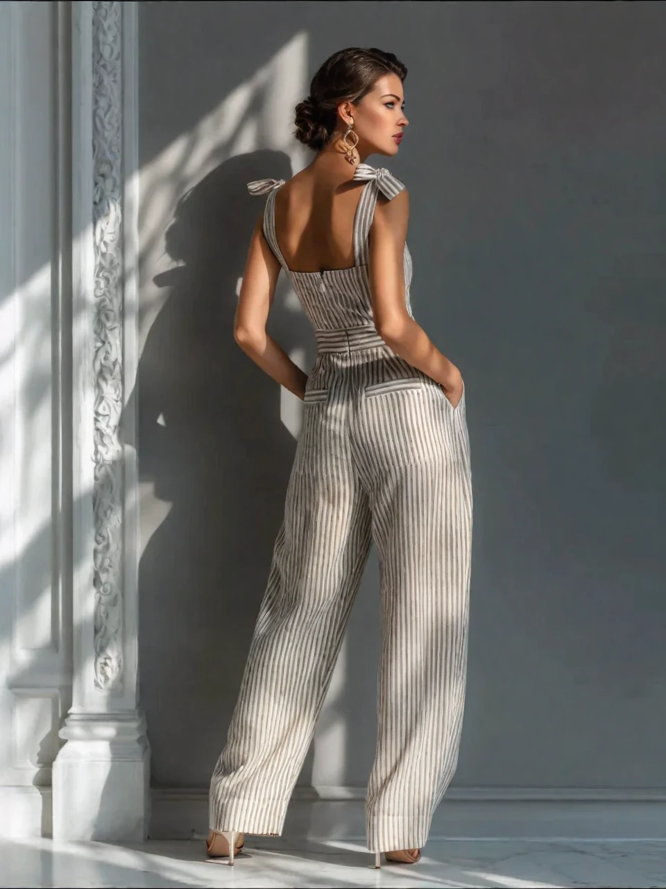 Modern Beige Stripe Linen-Blend Tie-Shoulder Wide-Leg Jumpsuit