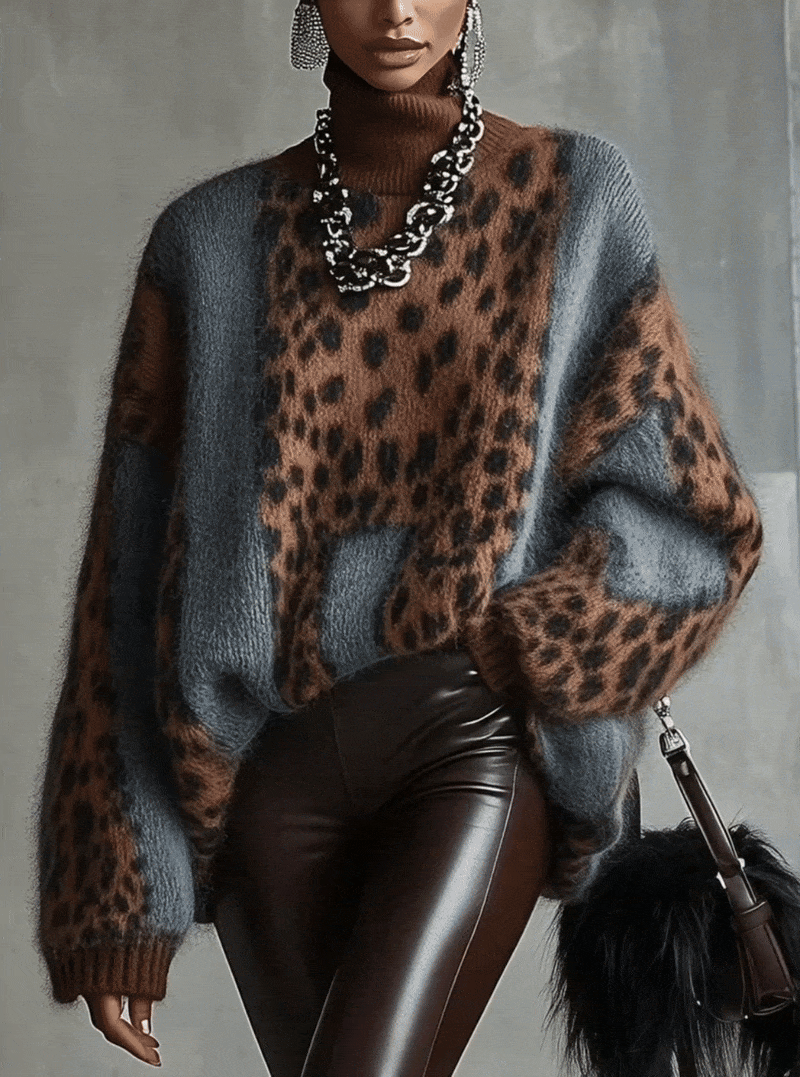 Leopard Print Turtleneck Knit Sweater